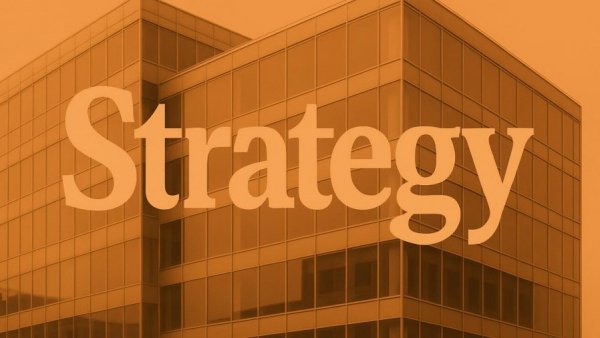 Bold 'Strategy' text on orange office building background.