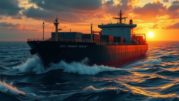 Oil tanker in Strait of Hormuz during conflict, dynamic scene.