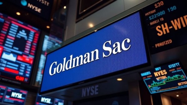 Goldman Sachs display on stock trading floor with tickers