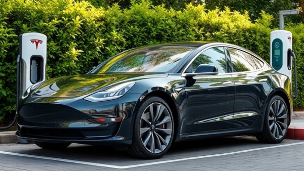 Tesla car charging in Europe, reflecting Tesla FSD approval progress.