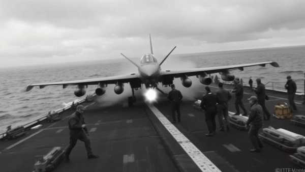 US Navy aircraft carrier deck in action during a plane takeoff.