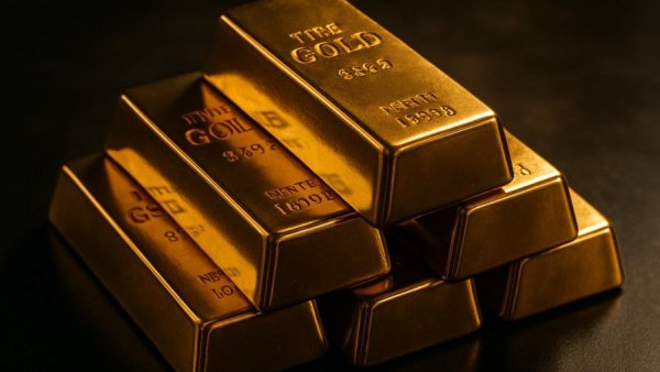 Stacked gold bars representing value and security on a dark surface.
