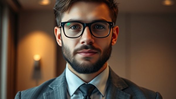 Professional young man in grey suit, warm lighting, office.