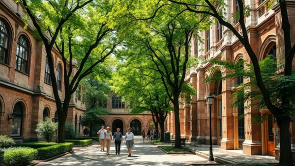 Yale campus with people walking by Bass Library entrance.