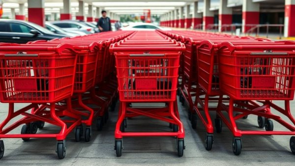 Red shopping carts in outdoor parking lot