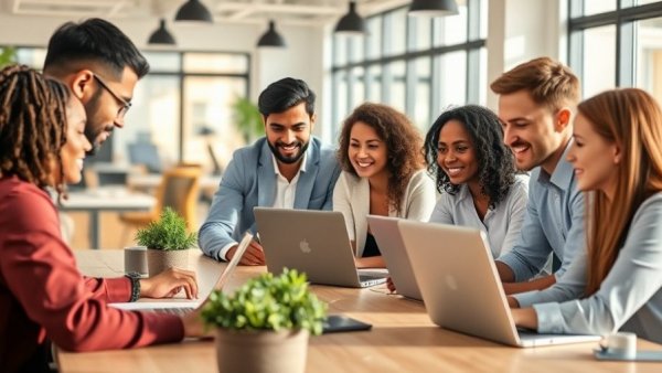 Professionals discussing free software solutions in a bright office.