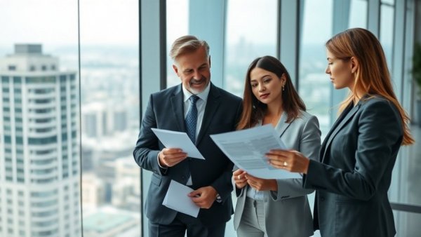 Business professionals discussing SMB Credit Tightening Strategy in glass office.