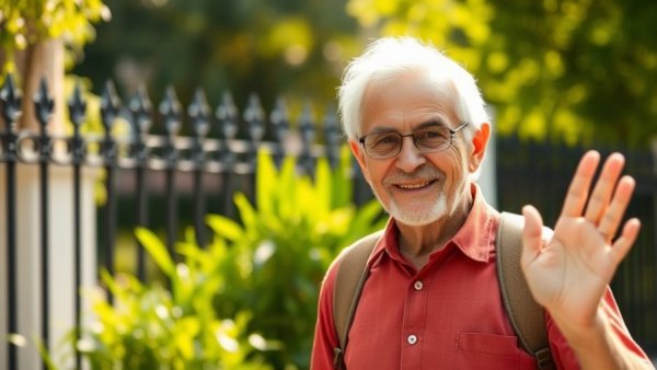 Smiling elderly man waving during a sunny walk in a garden.