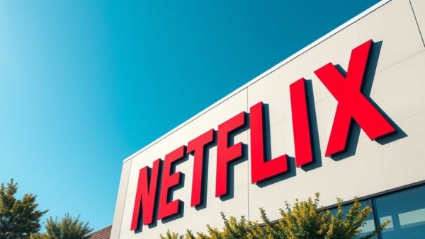 Netflix logo on building facade under clear sky, showcasing brand visibility.