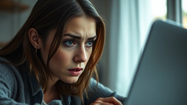 Concerned woman looking at laptop, depicting long term investing anxiety.