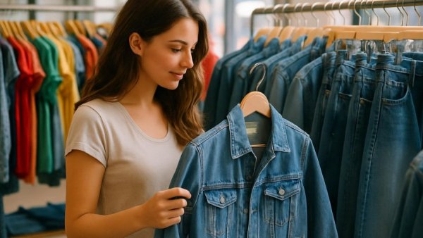Young woman browsing clothes in a retail store setting.