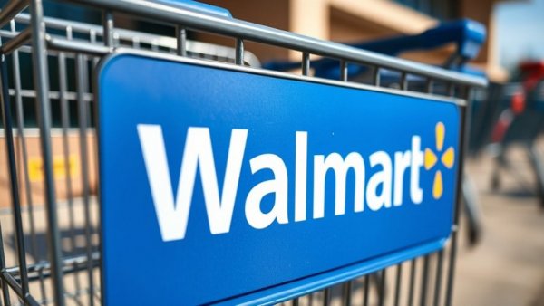 Walmart shopping cart close-up in sunlight.