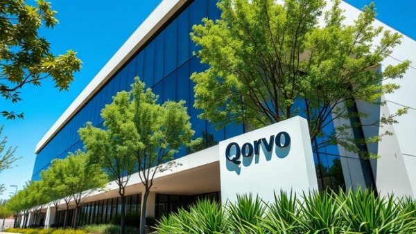 Qorvo building entrance with logo sign and greenery.