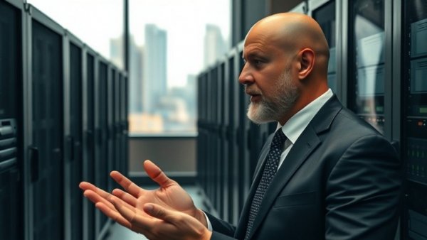 CEO discussing technology insights in modern tech lab; city view.