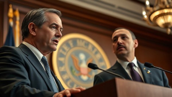 Two men discussing serious topics at an official event.