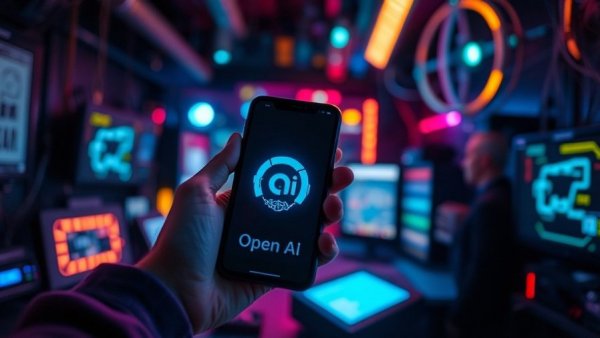 Vibrant hands holding smartphone with OpenAI logo in a tech setting.