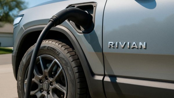 Rivian vehicle charging, highlighting stock potential.