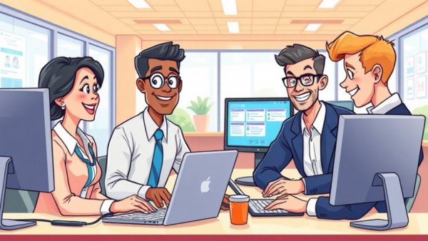 Reward card software benefits depicted with engaged professionals in an office