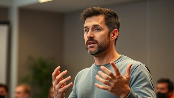 Casual man speaking energetically indoors, neutral background.