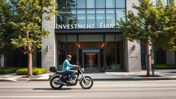 Investment building facade with commuters passing by