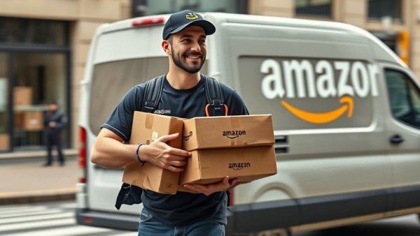 Amazon delivery driver with packages by van.