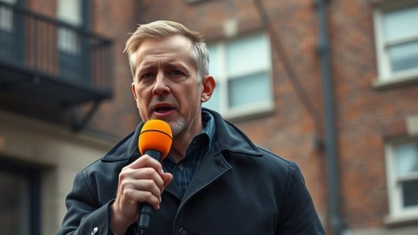Man speaking with orange microphone in NYC project setting