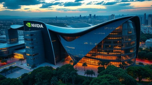 Nvidia headquarters at dusk showcasing modern architecture and sleek design.