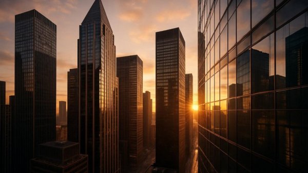 Skyscrapers in financial district at sunset reflecting market stability.