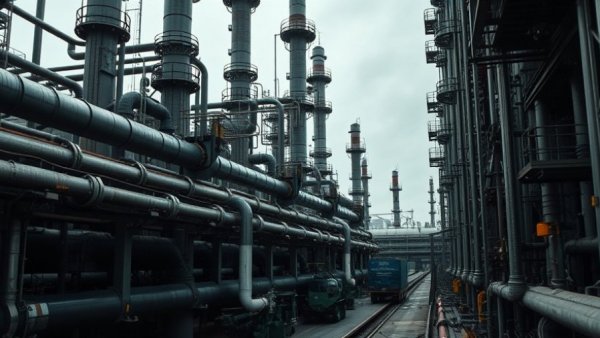 Oil refinery under US sanctions representation with pipelines.