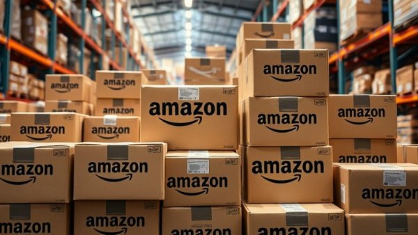 Amazon boxes in a warehouse environment.