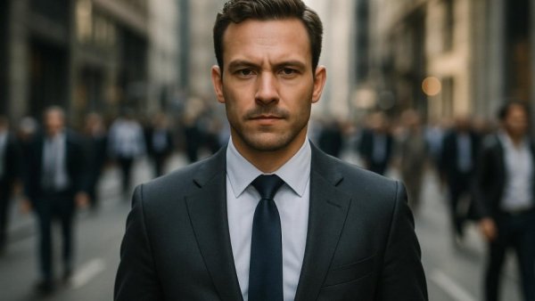 Confident businessman portrait in a city setting representing strong allies in business.