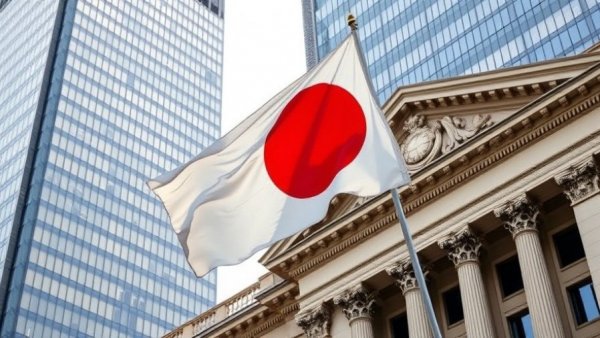 Japanese flag on building symbolizing central bank influence.