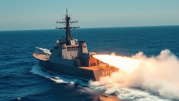 Modern naval ship launching missile over open sea, clear sky