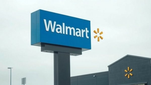 Walmart store sign against an overcast sky.