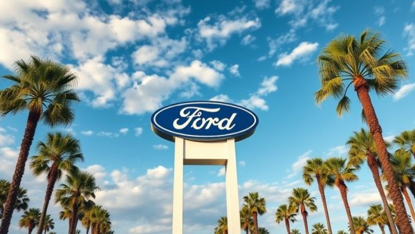 Ford logo sign with palm trees and cloudy sky.
