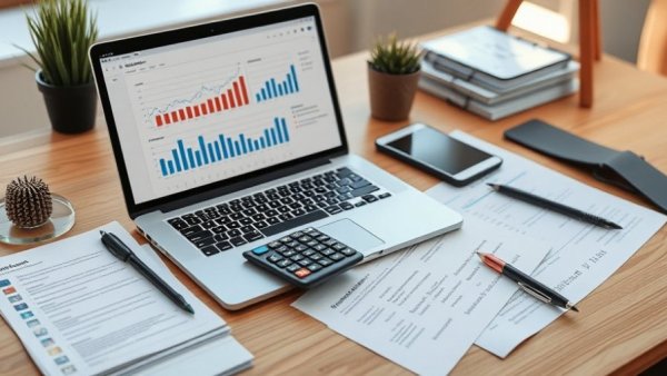 Organized business finances setup with laptop and documents.