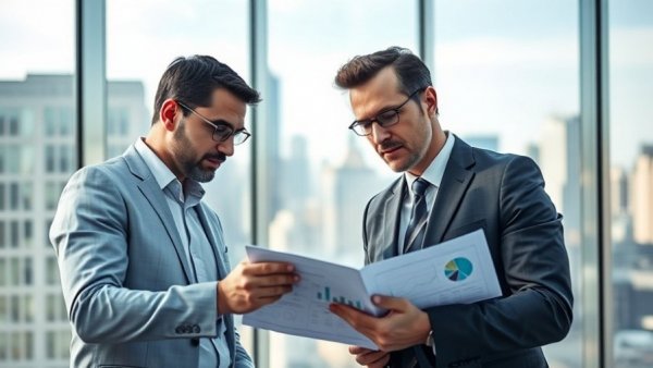Businessmen analyzing documents on shrinking credit line in office.