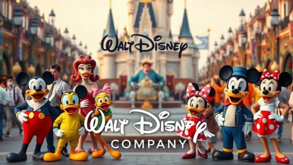 Disney logo with animated characters in blue overlay, worst case scenario for Disney stock