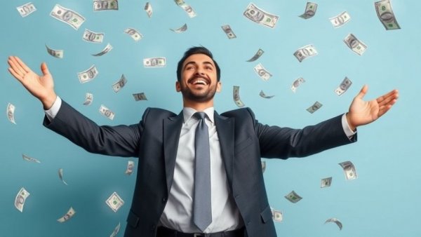 Confident businessman enjoying money fall, symbolizing a rock-solid dividend stock.