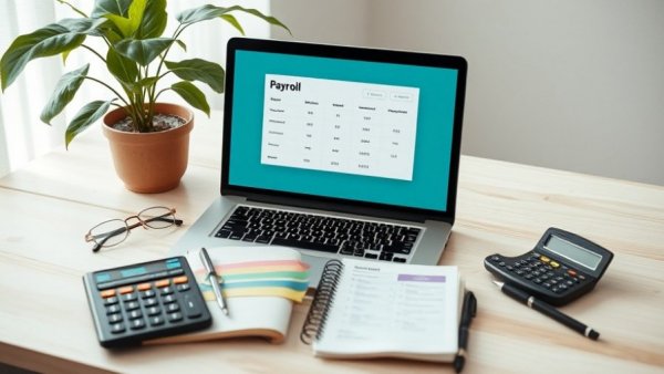 Modern workspace with payroll platform on laptop for small businesses.