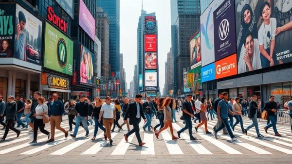 Digital billboards in busy urban scene highlighting small business finances
