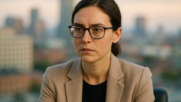 Focused woman in glasses discussing AI stock investment.