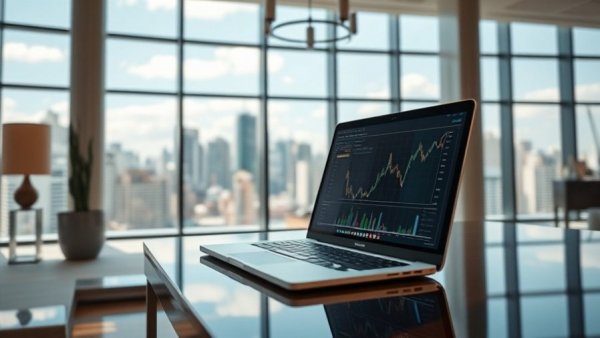 Luxurious office with financial graphs on laptop, city view, modern workspace.