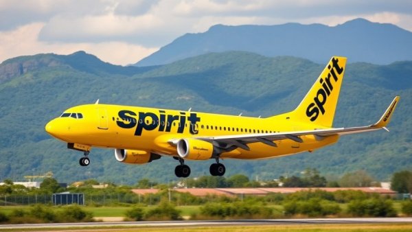 Spirit Airlines plane landing amidst green mountains, taxpayer-funded takeover of Spirit Airlines.