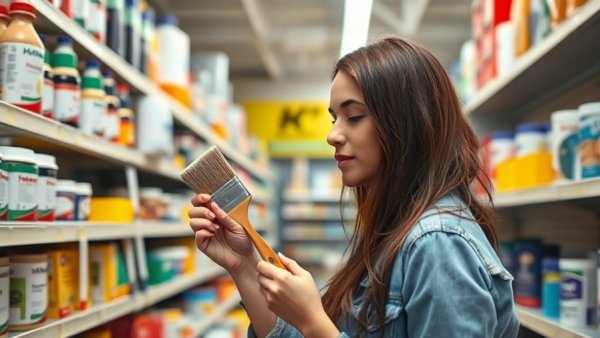 Young woman shopping for paintbrush in hardware aisle.