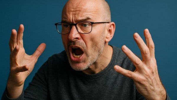 Bald man gesturing expressively at a forum, Microsoft stock forecast.