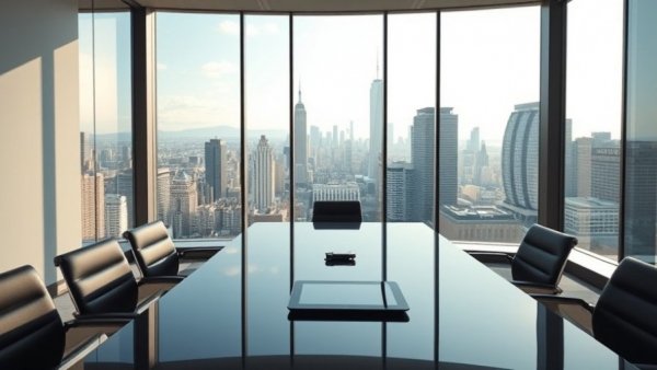 Modern conference room with TL loan tablet overlooking cityscape.
