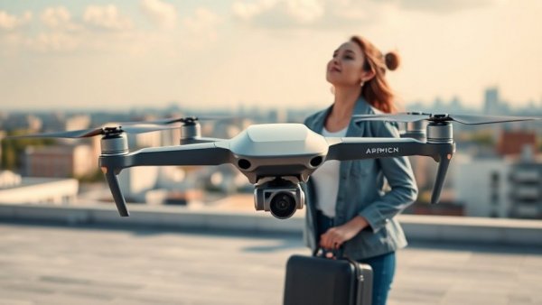 Futuristic drone over urban rooftop, investment in drone technology scene.