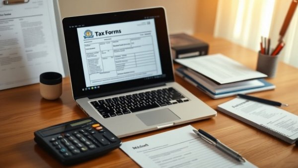 Workspace showing tax preparation tools on a desk for small business.