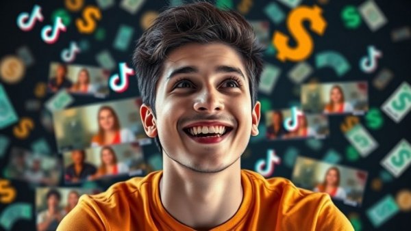 Young man analyzing TikTok videos on market trends.